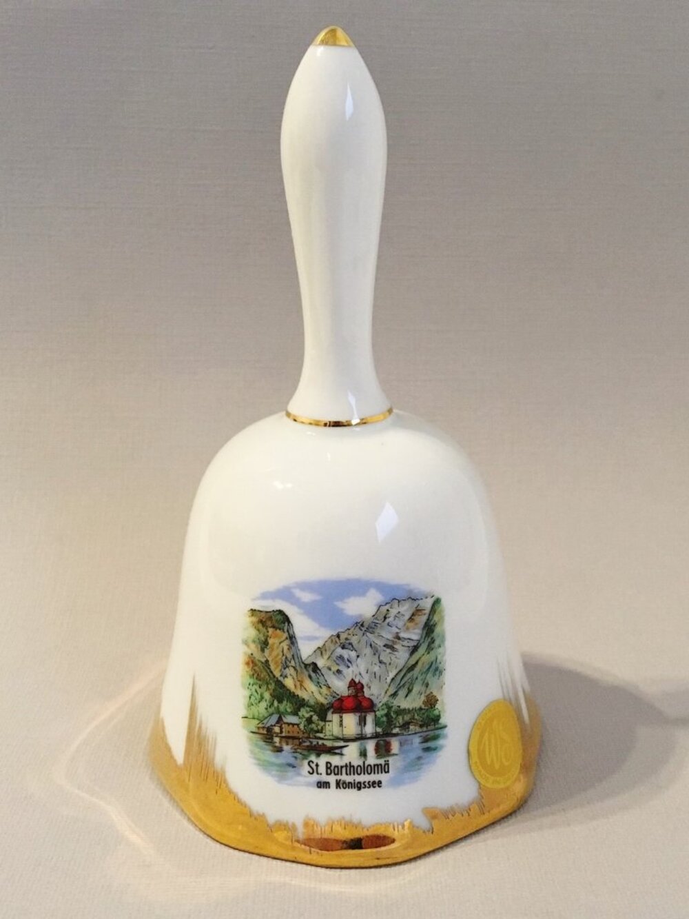 St Bartholoma am Konigssee Germany Bell White Gold Trim Porcelain Collectible